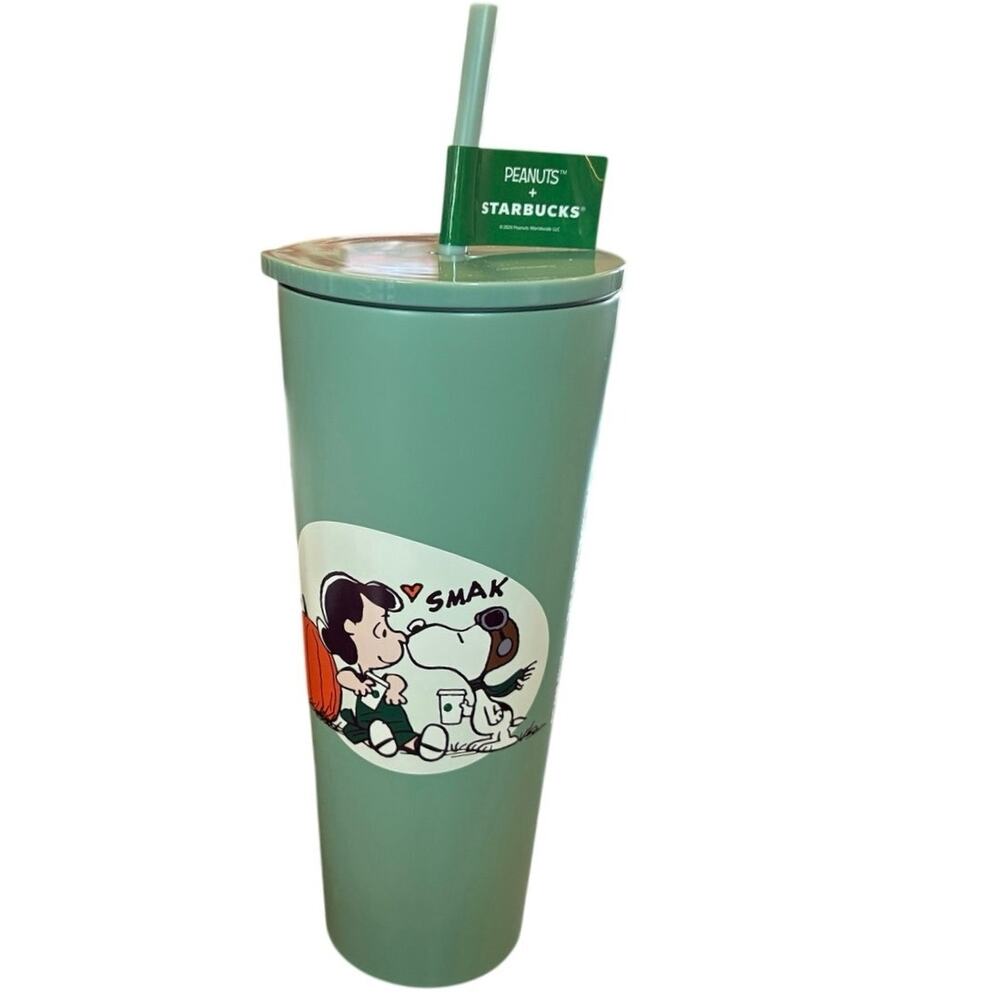 NEW Starbucks Peanuts Snoopy Lucy Green Reusable 24oz Tumbler w/ Straw